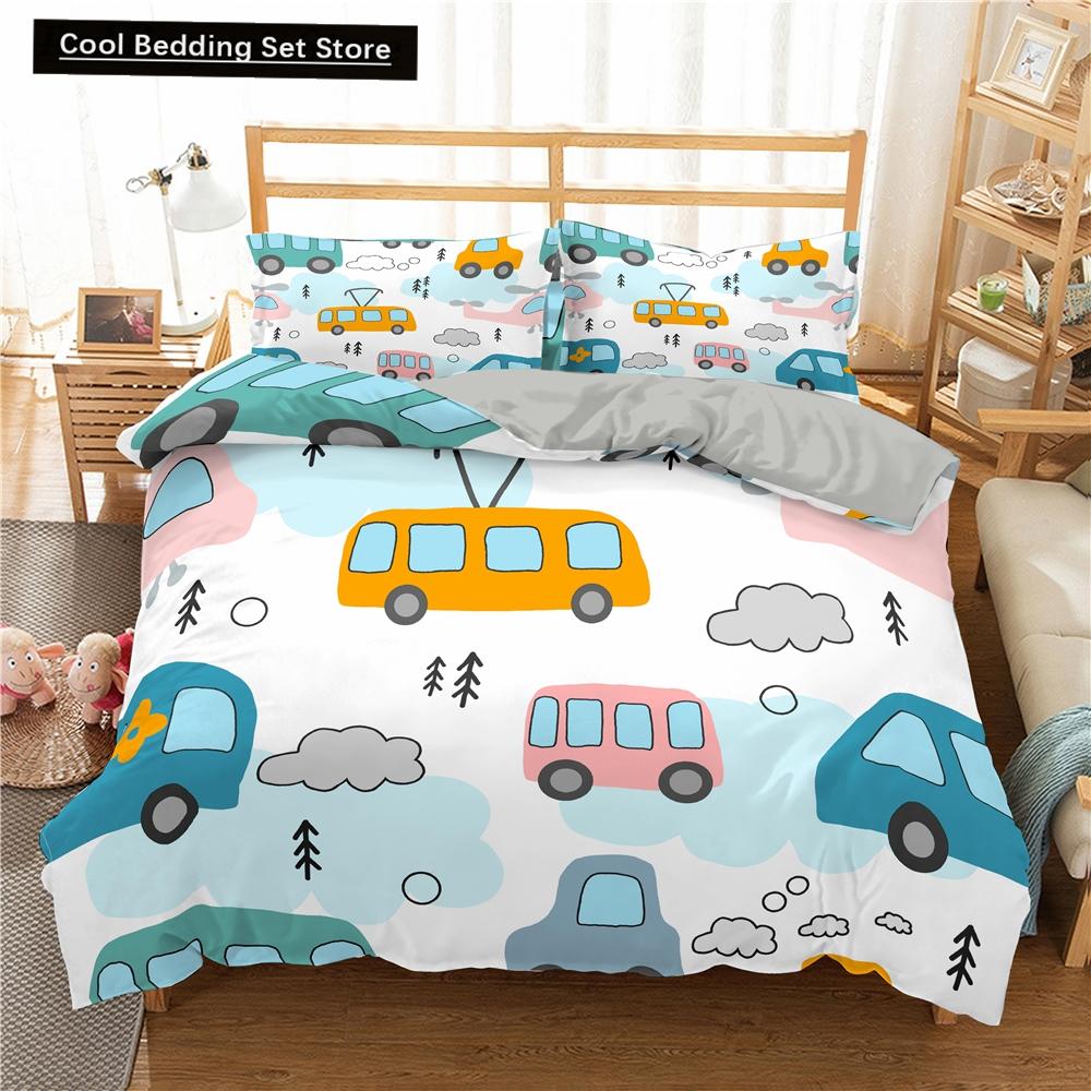 Kreslené Vlakové Ložní Sety 2/3ks Povlak na Peřinu Autíčko Náklaďák Měkký Povlak na Přikrývku Jednolůžko Queen King Size Polyesterový Povlak na Přikrývku