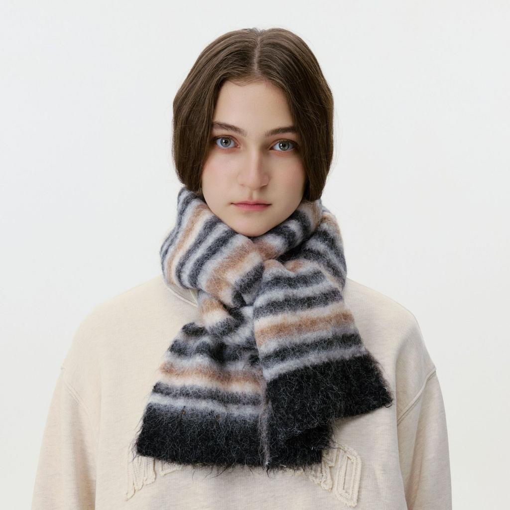 Korean Version of Rainbow Wool Blended Knitted Scarf Women's Autumn and Winter Color Matching Striped Warm Scarf Soft Waxy Wool Shawl