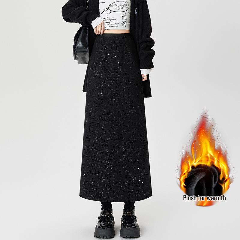 Gray Sequin Velvet Thickened Wool Skirt: Women s High Waist Slimming A-Line Mid-Length Slit Skirt for Autumn/Winter Small