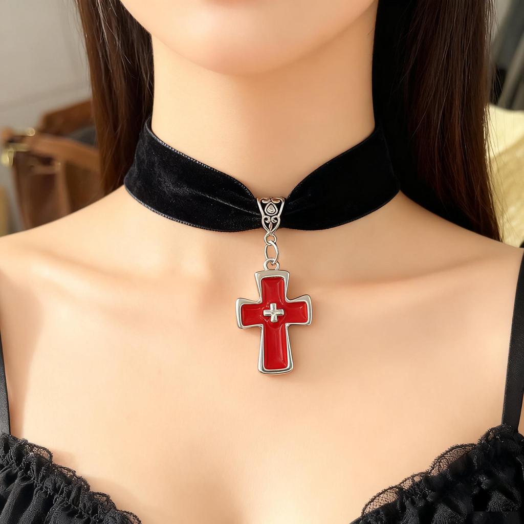 Gothic Punk Velvet Rose Cross Heart Choker Necklace - Y2K Retro Style
