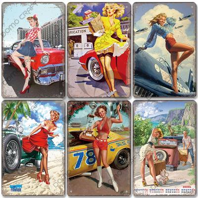 Senovinės Automobilių Plakato Metalo Skardinės Ženklai Seksualios Merginos Klasikinis Automobilis Retro Metalo Plokštė Sienų Dekoras Garažo Klubas Pub Vyriška Urvas