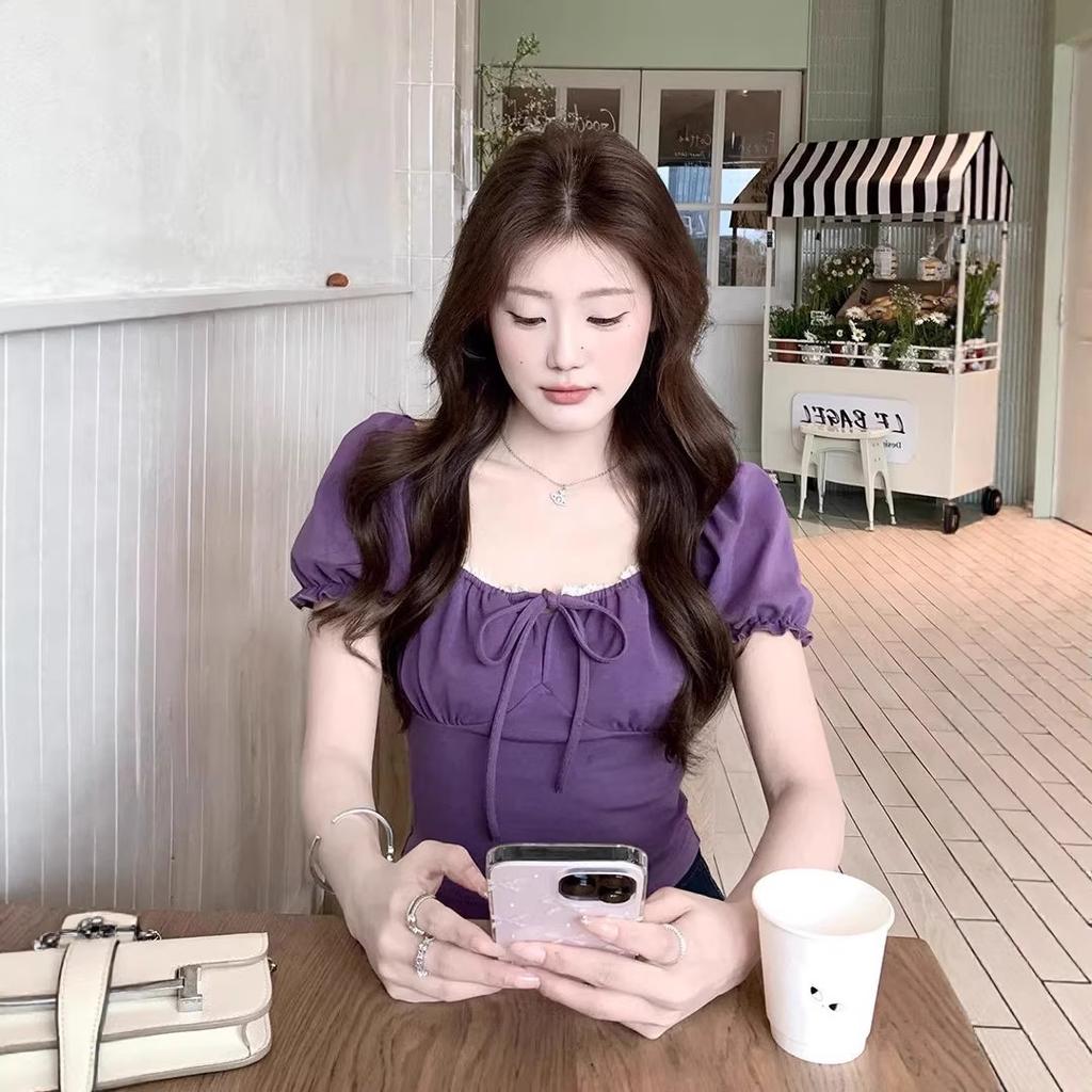 Design sense niche square neck bubble short-sleeved t-shirt women's summer Korean new Spice Girl unique chic short top