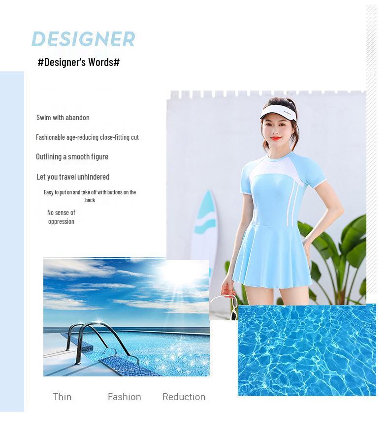 2026 Women's Conservative Slimming One-Piece Short Sleeve Swimsuit, Hot Spring Plain Patchwork, Customizable Swimwear.