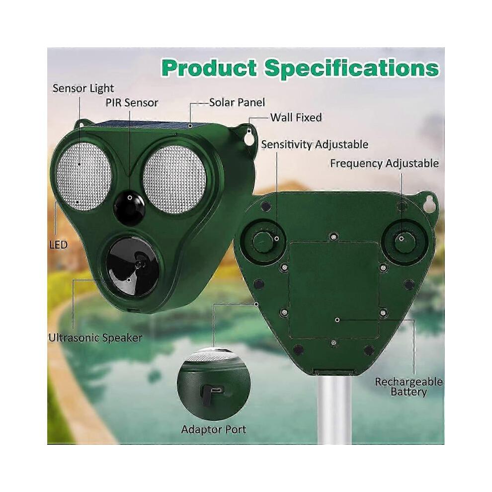 Outdoor Cat Repellent, Ultrasonic Cat Repeller, Waterproof IP66Dog Repeller, Solar Charged, USB Charging Prevent Dogs and Cats, Birds, for Gardens, Fi