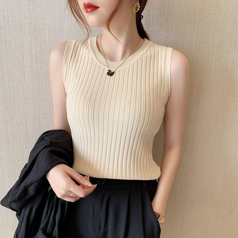 2025 Women's Versatile Ice Silk Spaghetti Strap Tank Top Sleeveless Crew Neck Undershirt