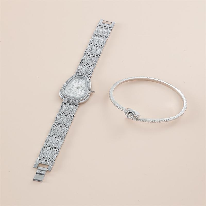 

2 шт./комплект женские кварцевые часы со стразами в виде змеи браслет наручные часы серебряный