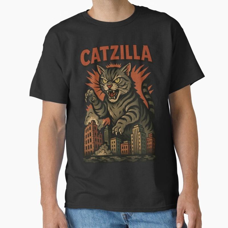 Catzilla Giant Cat Comic City Attack King of Monster Gift T Shirt for Cat Lover Short Sleeve Graphic Clothes All Size Tops