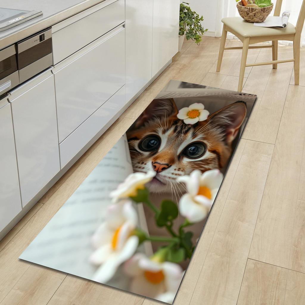 1Pcs Cute Cat Pattern Floor Mat Modern Kitchen Polyester Rug Non-Slip Colorful Indoor Carpet, For Home Bathroom Bedroom Living Room Decor