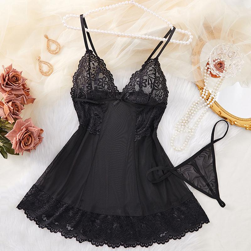 Sexy Perspective Deep V Strap Bra Women's Sleeping Skirt Set Exotic Clothing Black Lace Dress Erotic Temptation Lingerie Costume