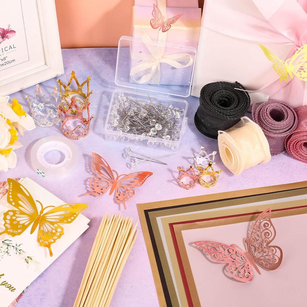 334Pcs Flower Wrapping Paper Kit, 40 Sheets Bouquet Wrapping Paper In 4 Colors, 100 Diamond Pins 60 Gold Butterflies 4 Ribbon 6 Gold Crowns 20 Cards