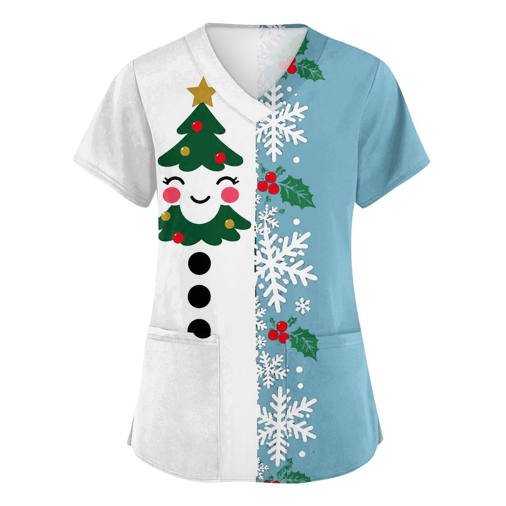 Women's V-Neck Short Sleeve Scrub Top with Christmas Print, Casual Caregiver Uniform