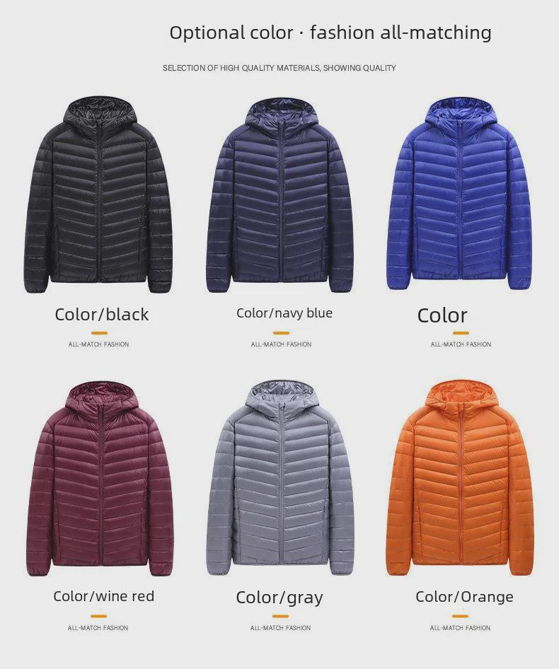 Men's Lightweight Hooded Down Jacket - Short Stand-Up Collar, Casual and Warm for Winter