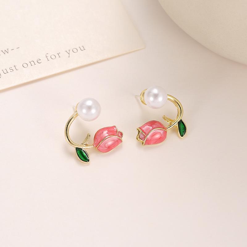 925 Silver Tulip Oil Drop Two-Way Pearl Earrings - Korean Sweet Flower Design for Women