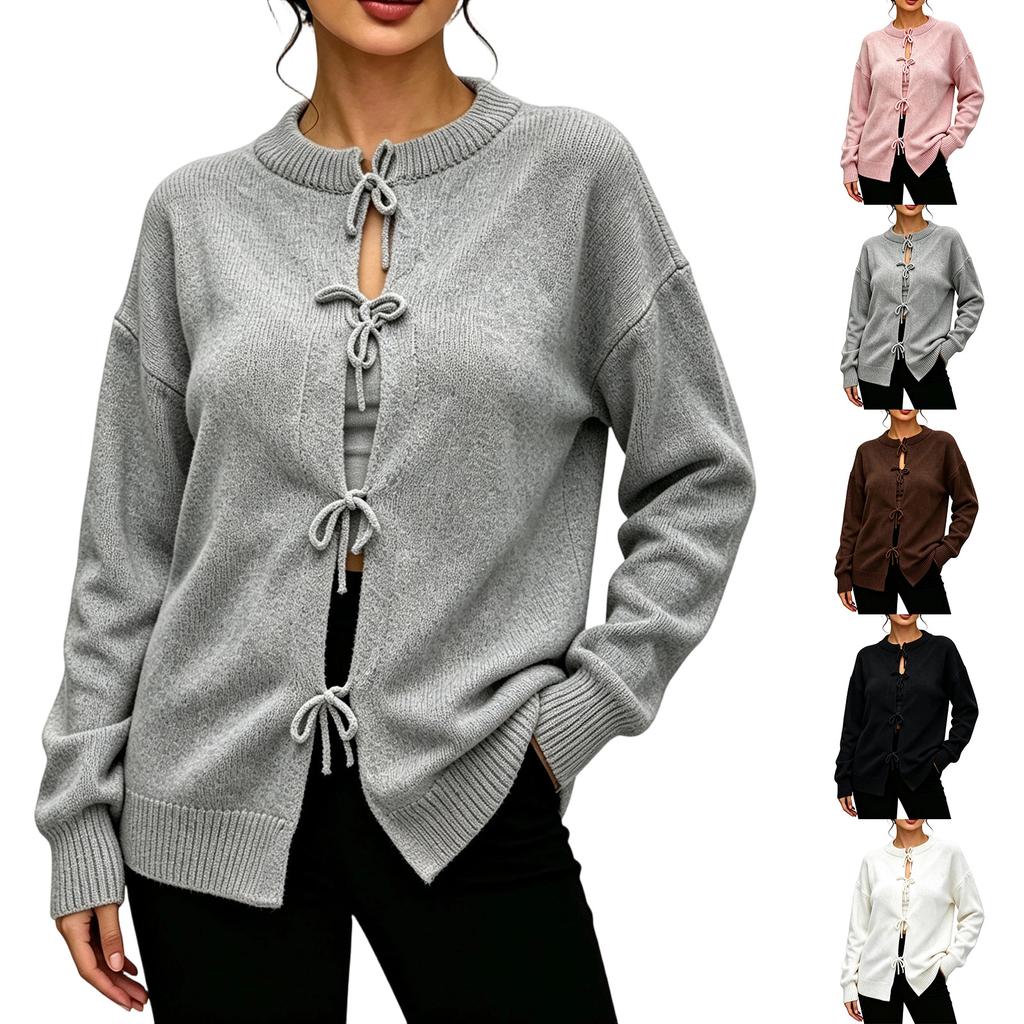 Women's Loose Fit Long Sleeve Color Knit Cardigan with Tie Waist for Casual Wear