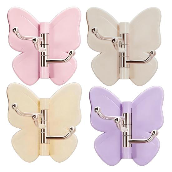 4PCS Butterfly Rotating Adhesive Hook, with 3 Swivel No Drill Wall Hook, Space Saving Adhesive Hook for Bathroom Kitchen Bedroom