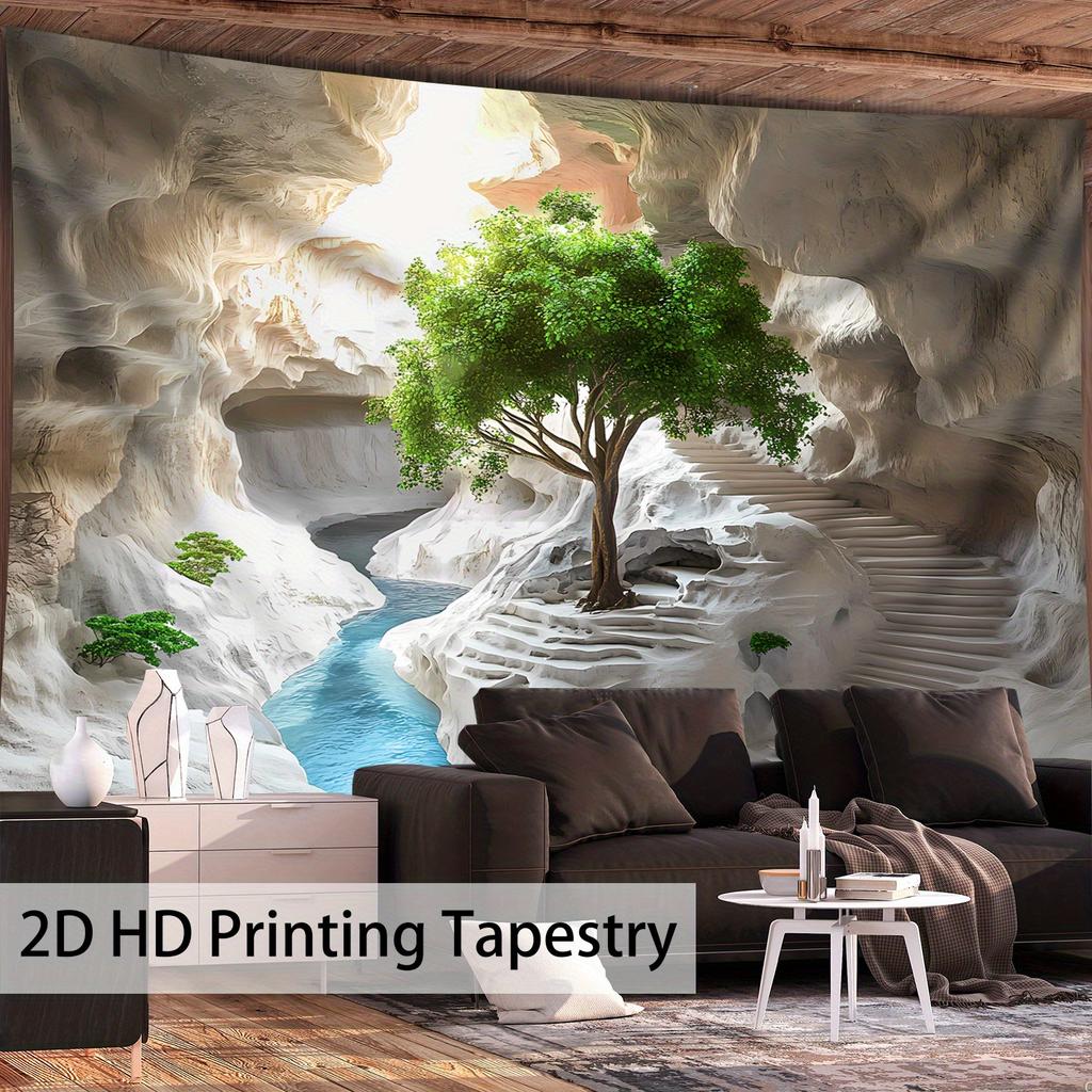 Cave Tree Tapestry, Green Tree And River In Limestone Cave, Scenic Wall Hanging For Bedroom Living Room Decor