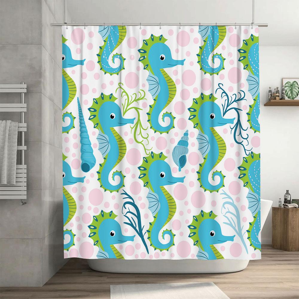 Blue Green Seahorse Pattern Shower Curtain Waterproof Fabric Bathroom Decor Set for Home Decoration Size: 72x84 inches (183cm x