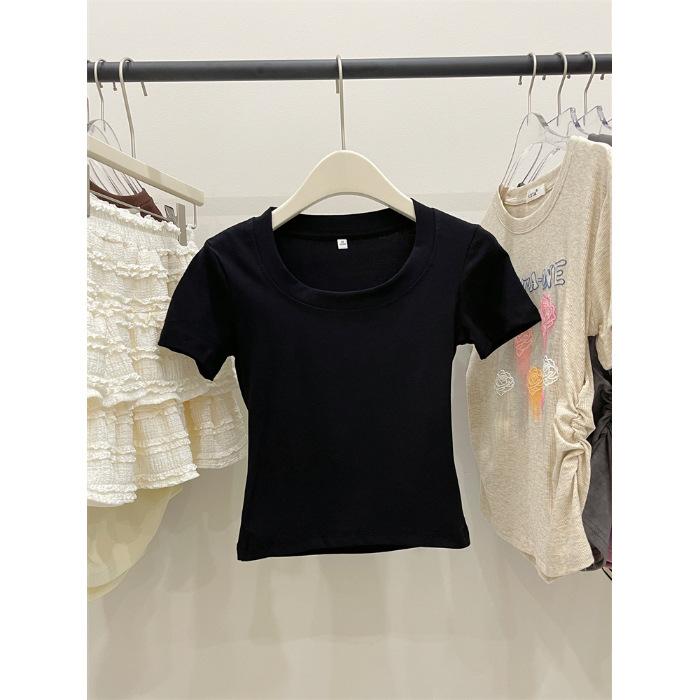 Special Korean Casual Versatile Solid Color U-Neck Clavicle Short Top Women's Summer Inner Spice Girls Small Short Sleeve T-Shirt