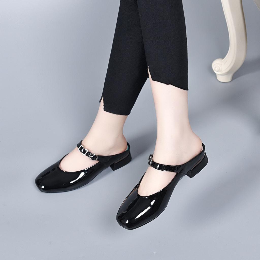 Genuine Leather Cowhide Half Slippers 2024 Summer New Fashion Mary Jane Shallow Mouth Round Toe High-heeled Womens Sandals 34-40
