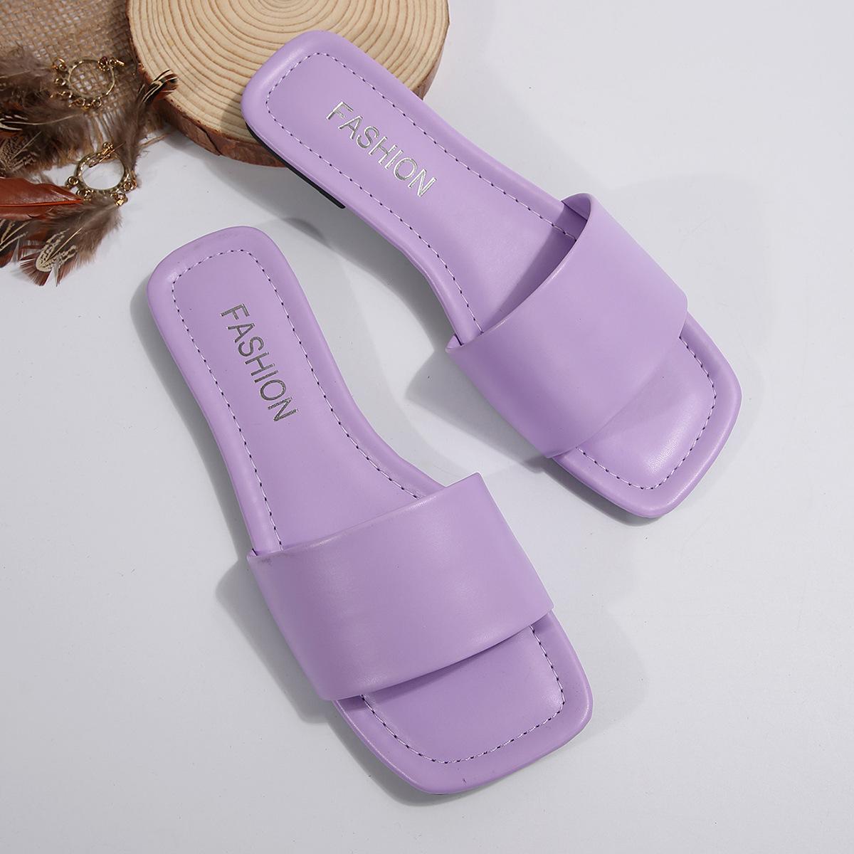 

Большие размеры повседневные сандалии на плоской подошве, лето 2025, новые квадратные пляжные тапочки с одним словом для женщин 43 лавандовый