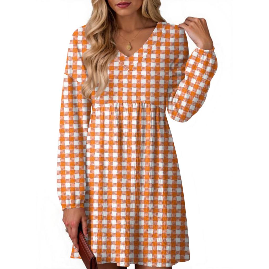 Women's Fashion Plaid Print V-Neck Long Sleeve Dress
