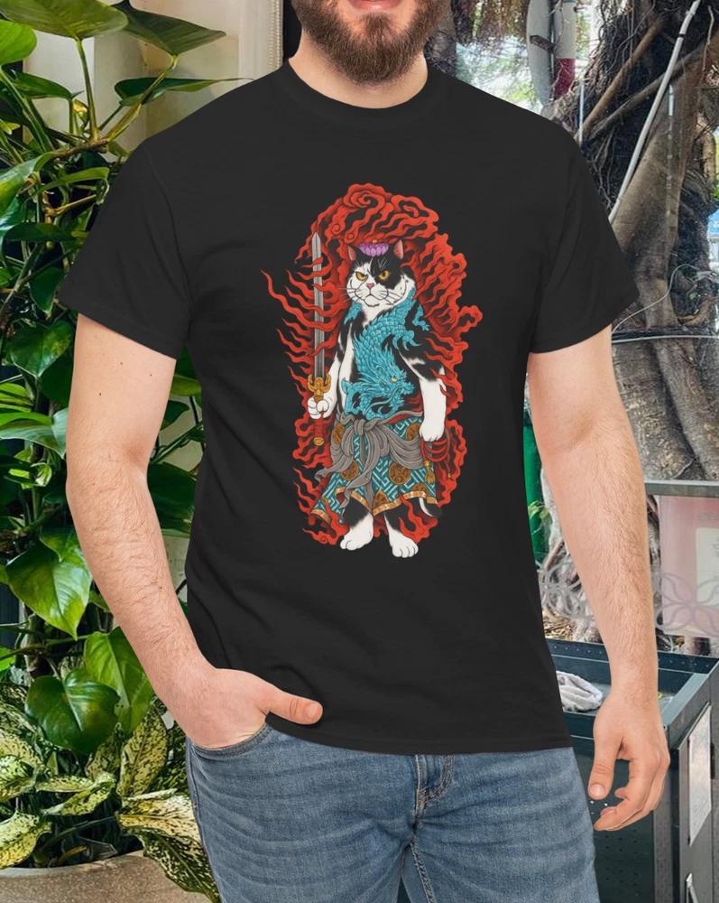 Samurai Cat TShirt Japanese Warrior Cat With Ragon And Flames Design S