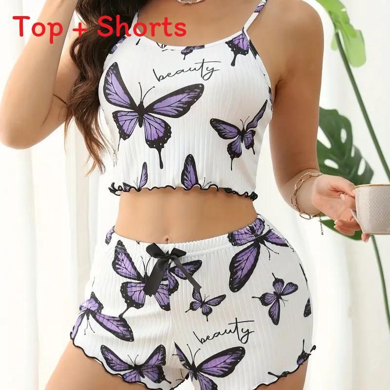 Butterfly Ladies Homewear Set With Polyester Fabric For Casual Lounge And Sleep