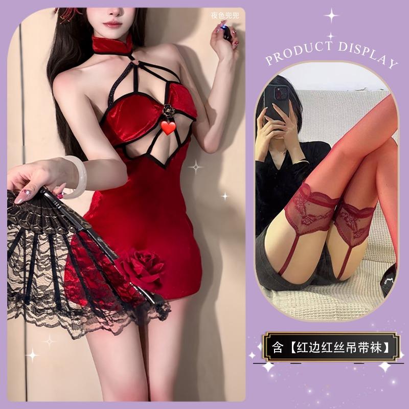 Sex underwear, sexy retro hollowed-out cheongsam, pure desire, passion, buttocks, neck, hot, improved pajamas, pajamas