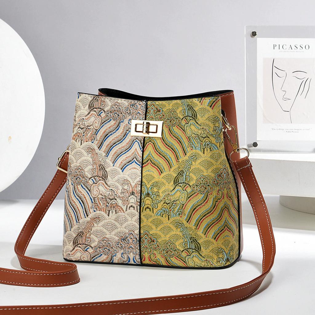 Women's Ethnic Jacquard Bucket Crossbody Bag, Large Capacity Patchwork Print Shoulder Bag with Adjustable Strap, Casual Travel Handbag