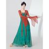 Women's Chinese Classical Dance Costume, Red Green Contrast Color Flowy Chiffon Performance Dress With Long Sleeves