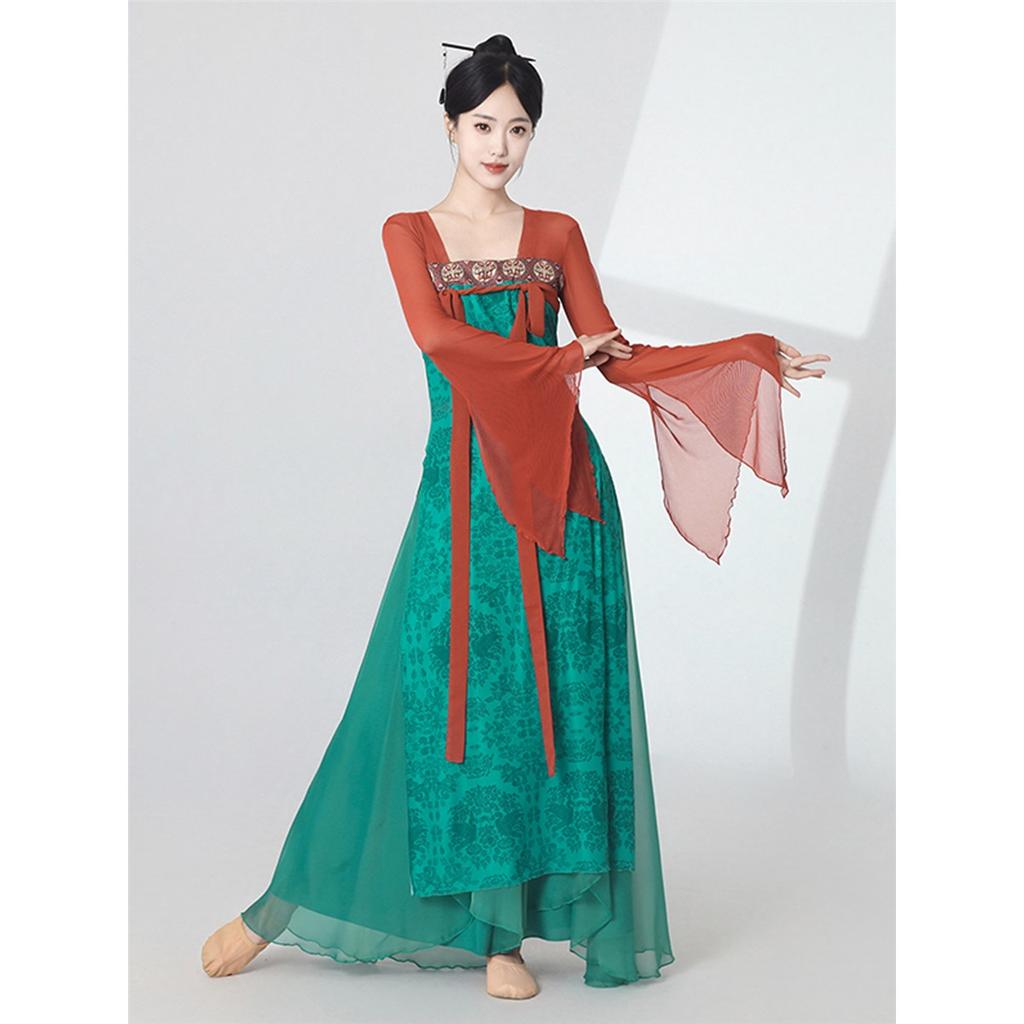 Women's Chinese Classical Dance Costume, Red Green Contrast Color Flowy Chiffon Performance Dress With Long Sleeves