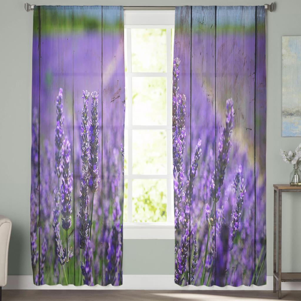 Purple Lavender Flowers Wooden Texture Chiffon Sheer Curtains for Living Room Bedroom Decor Window Voile Tulle Curtain Drapes