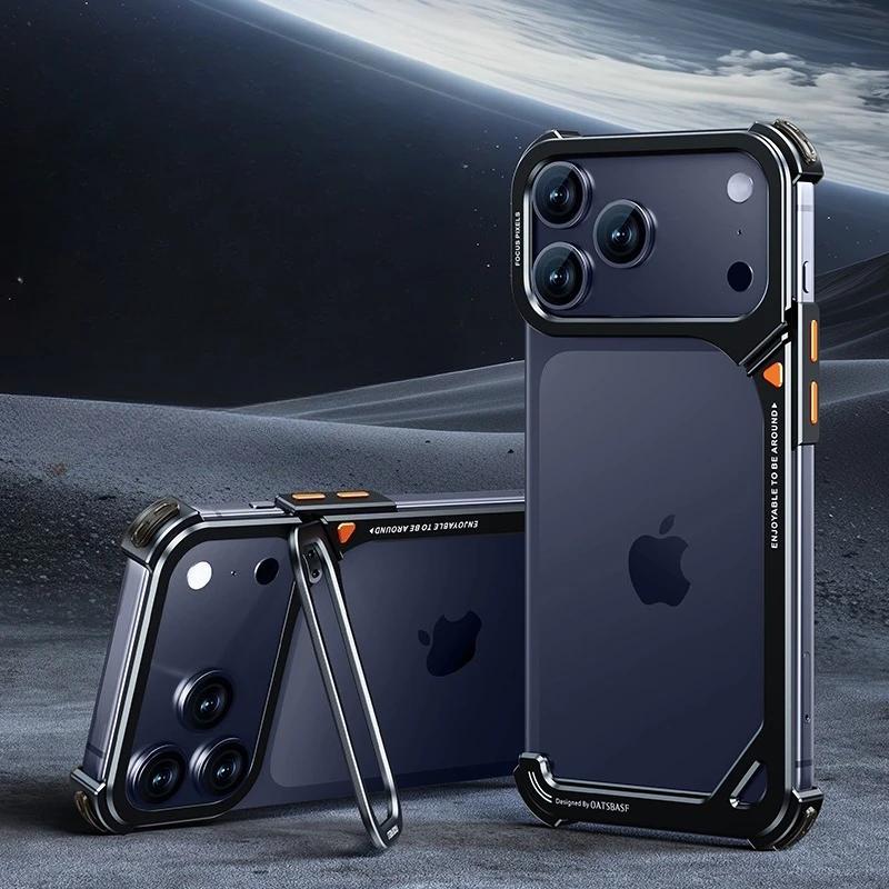 

Oatsbasf Безрамочный металлический чехол для телефона в форме 9 для iPhone 17 Pro Max/17 Pro с подставкой Magsafe Минималистичный бампер Ударопрочный чехол iPhone17 Pro чёрный