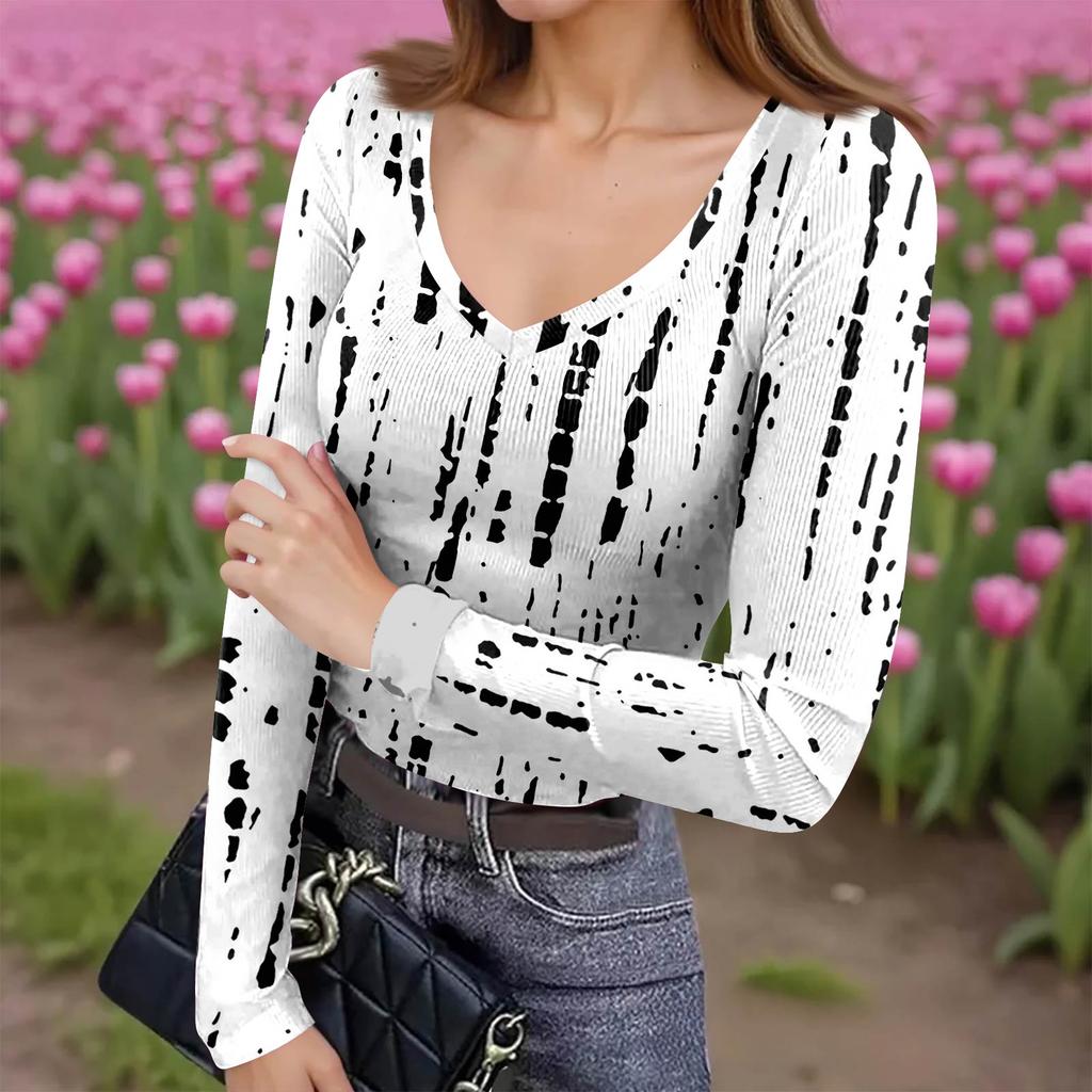 Women's Winter Slim-Fit Base Layer T-Shirt Fashionable Print V-Neck Pullover Long-Sleeved Top