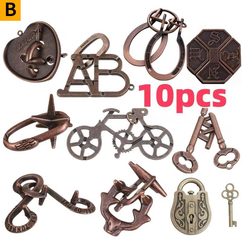10pcs Adult Classic Metal Puzzle Locks Miniature Ornaments Snake Key Bicycle Lock Etc Each Level Offers Different Challenge 18+