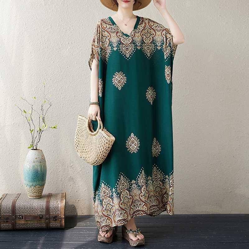 V Neck Fresh Floral Skinny Literary Vintage Bohemian Vacation Long Skirt