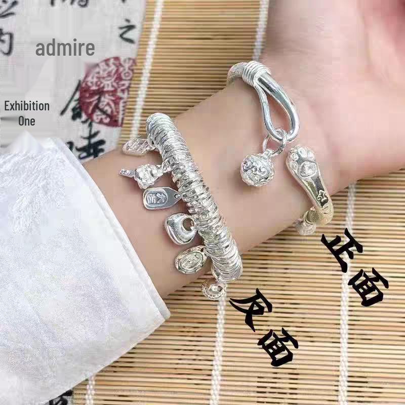 Exclusively designed lucky charm wrap-around bracelet with gourd bell, lucky cat bangle in thick silver-plated copper, perfect for live streaming.