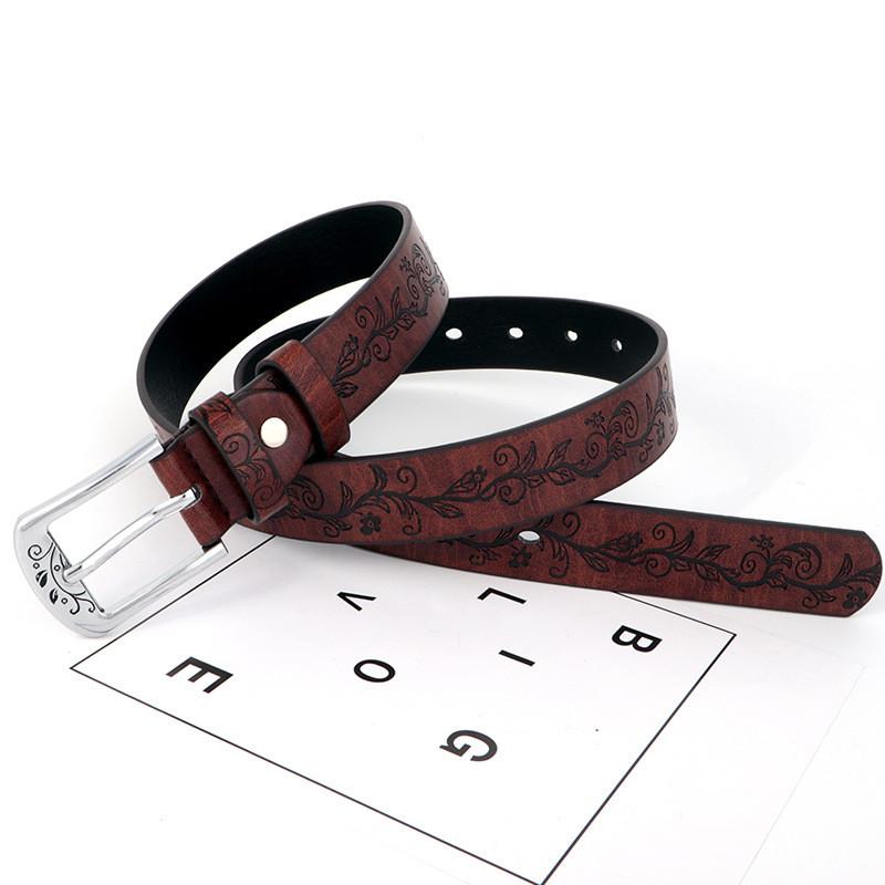 Leather Inspired Boho Belt With Embossed Design And Silver Buckle For Womens