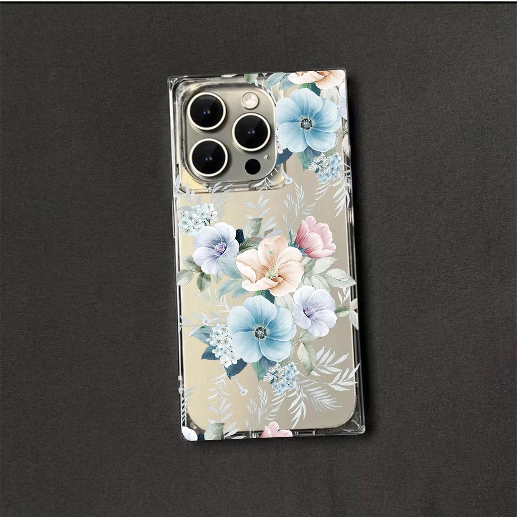 Clear Square Back Tube Case Protection For iPhone 16 ProMax 14 Pro Max 15 Plus 12 13 11 Anti-Oxygen,Pinkish-Blue Flowers Pattern Casing