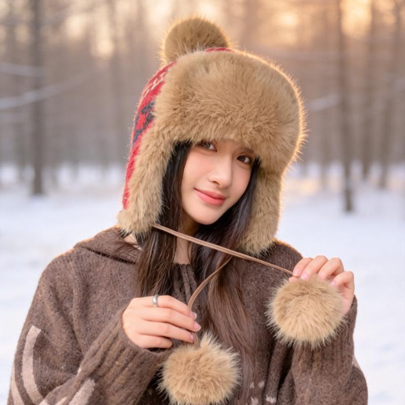 New winter women's warm ear cap thickened pom-pom Lei Feng hat outdoor cold-proof ski cap manufacturer