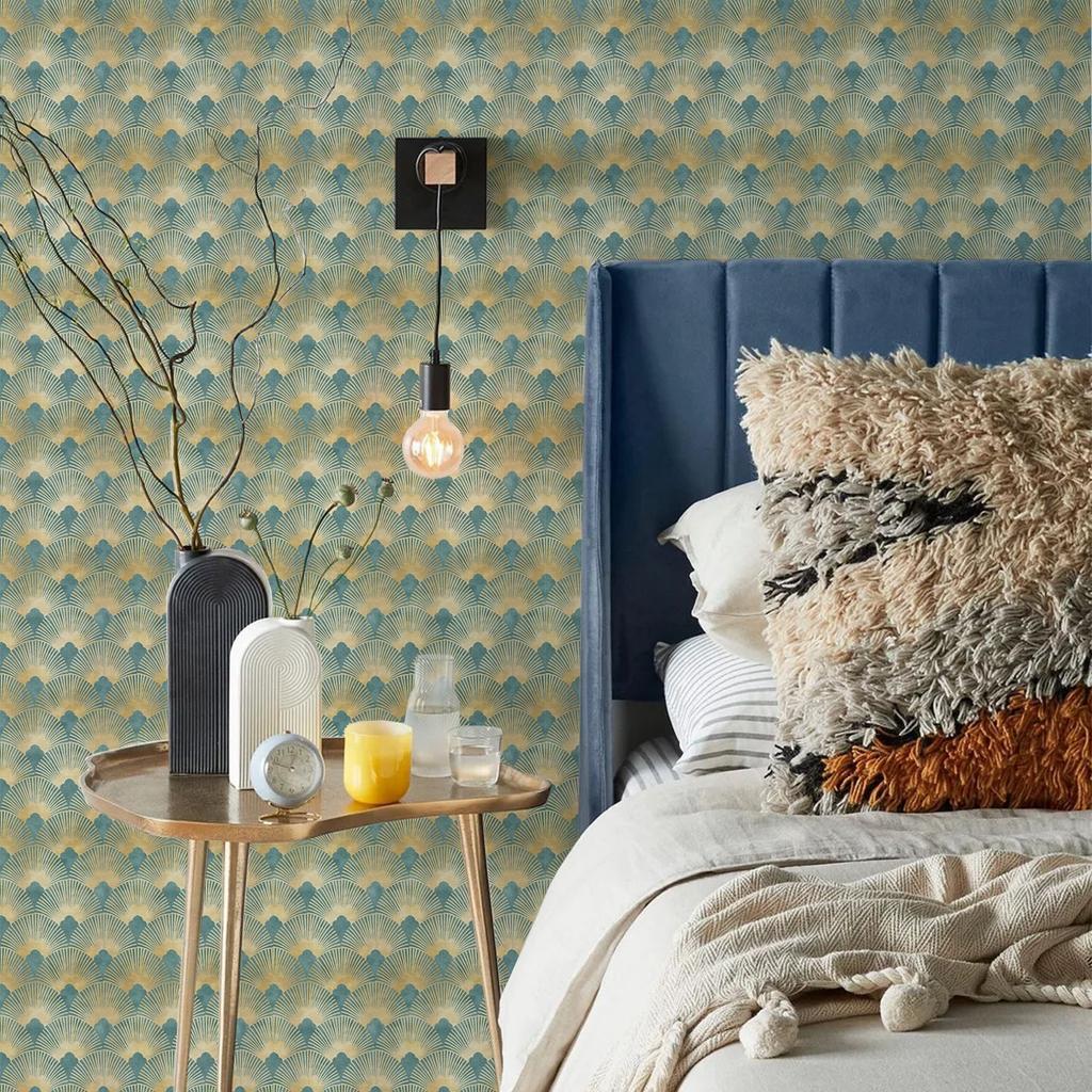 Abziehen & Aufkleben Tapete Floral Gold Grün Vintage Geometrische Tapete Art Deco Selbstklebende Kontaktfolie für Küche Möbel