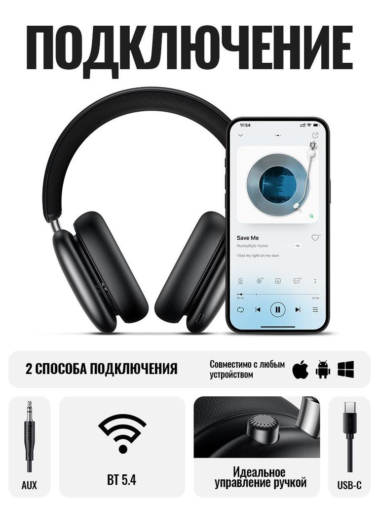 Hoco W63 Triunfo Kablosuz Kulaklık, Bluetooth 5.4, ANC'li, Uygulama Kontrollü, 55 Saat Çalma Süresi, Rahat Kulak Üstü Tasarım
