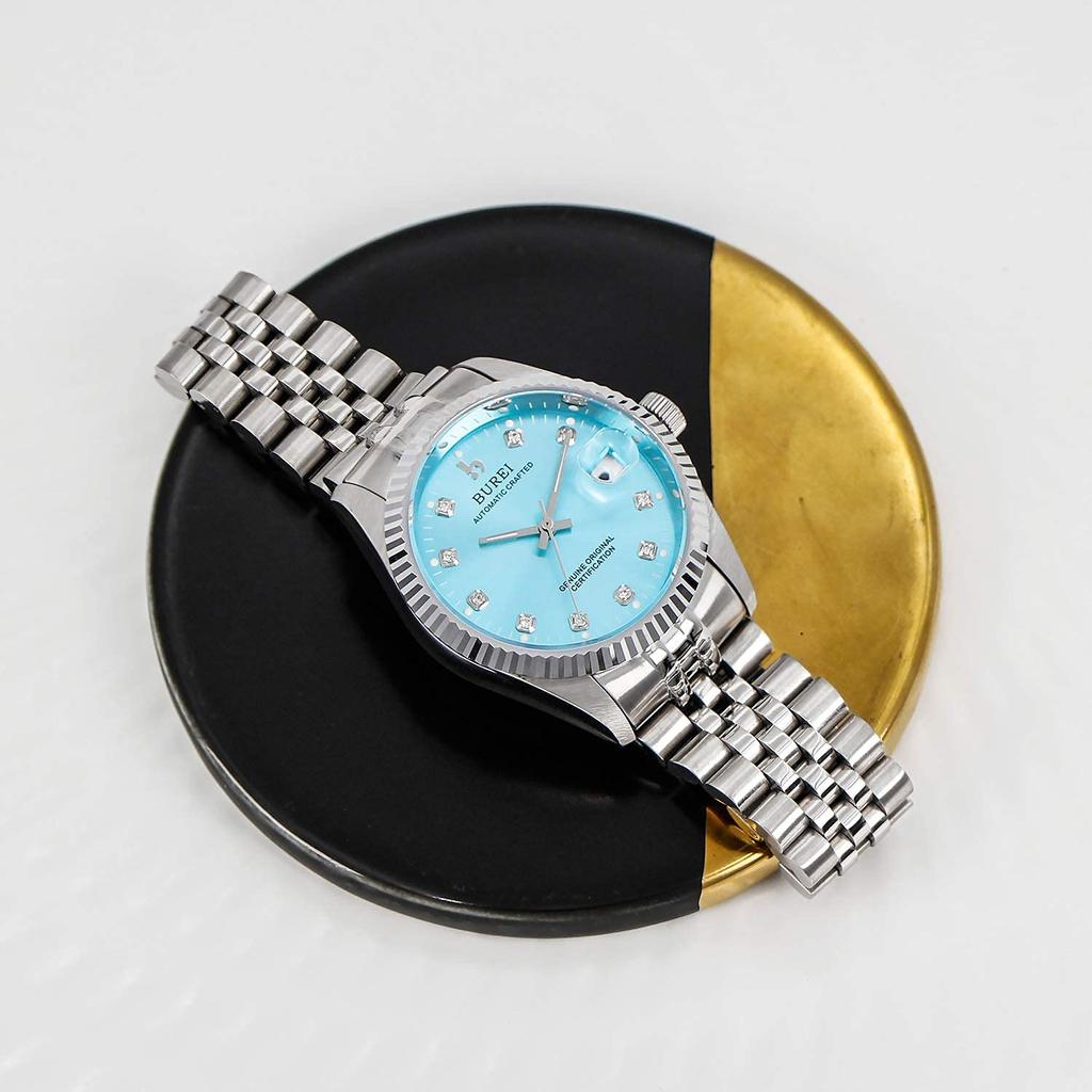 Automatic Mechanical Popular Arm Light Blue Watch [BUREI] Men's Watch, Waterproof, Analog, Date, Watch, Men's Brand, Stylish, Watch, Simple, Casual,