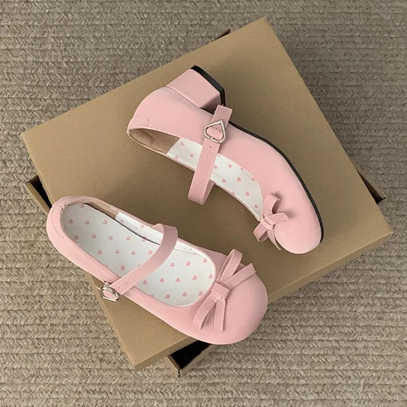 

Fashion Preppy Butterfly-Knot Low Heel Mary Janes Women Vintage Solid Buckle Strap Pumps Woman Cute Sweet Lolita Single Shoes for Ladies 35 розовый