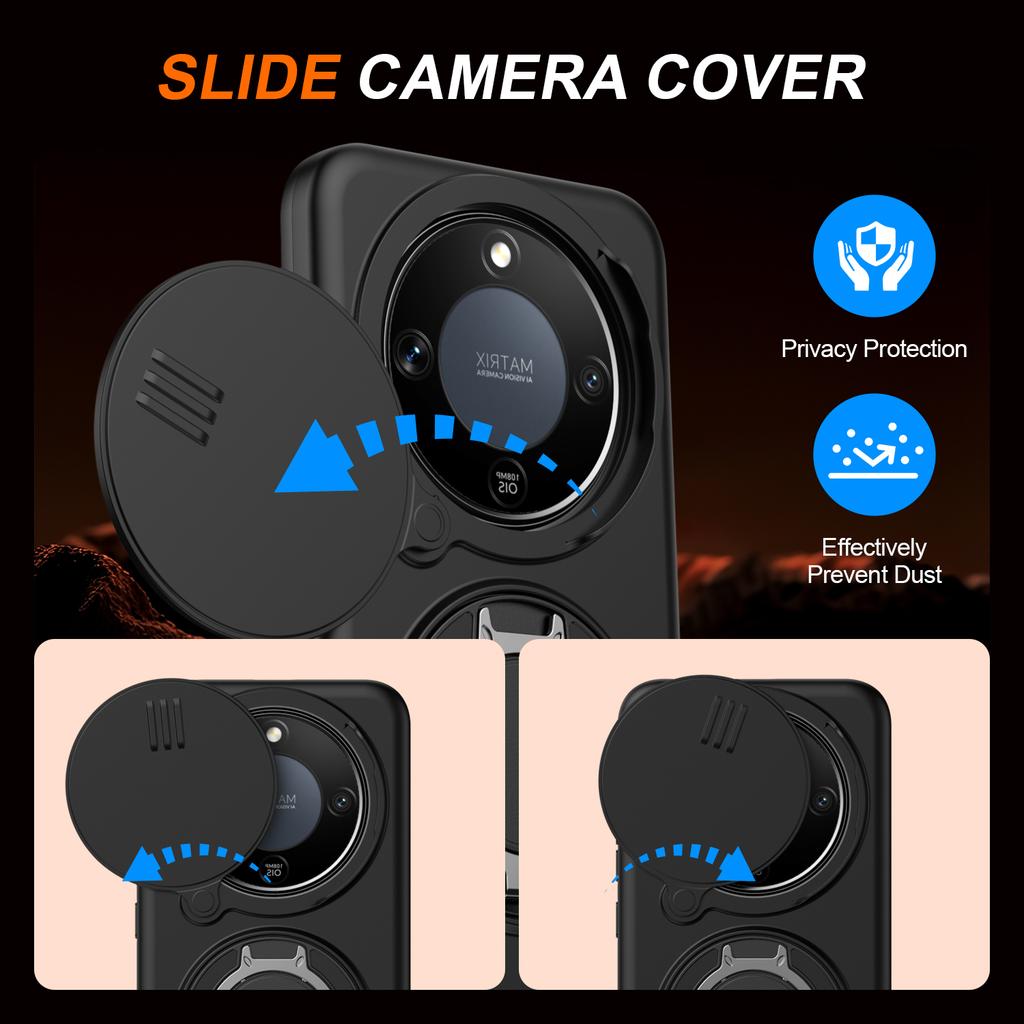Sliding Camera Lens Protection Armor Case For Honor X9a X9b X9c X9d Magic 5 6 7 8 Lite X50 X60 Pro X70 5G Metal Ring Stand Cover