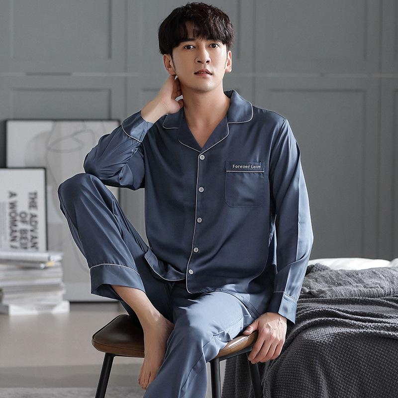 Pajamas Men'S Spring And Autumn Ice Silk Long Sleeve Men'S Autumn Simulation Silk Thin Men'S Summer Homewear Set