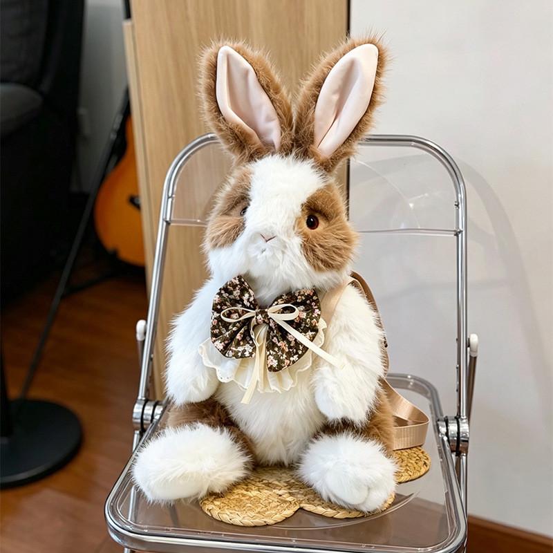 Cute Bowknot Plush Rabbit Backpack Realistic Long Fur Bunny Doll Cartoon Stuffed Animal Bag