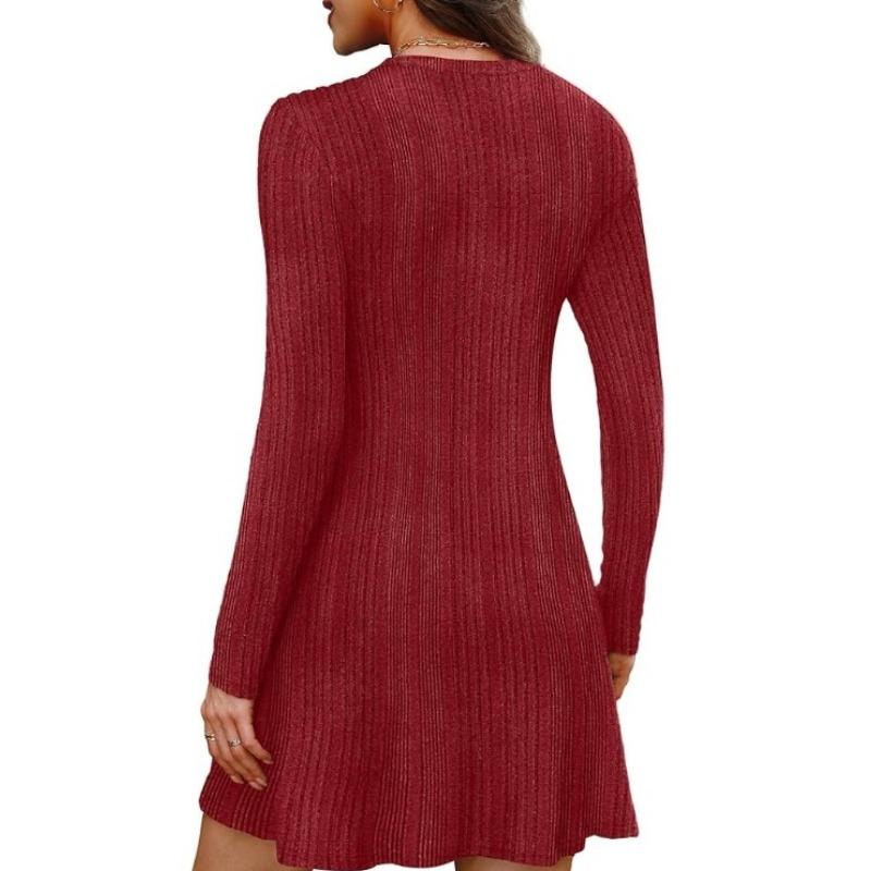 JKASHDK Women's Fashion Spring Fall Solid Color Print Long Sleeve O-Neck High Waist  Casual Dresses