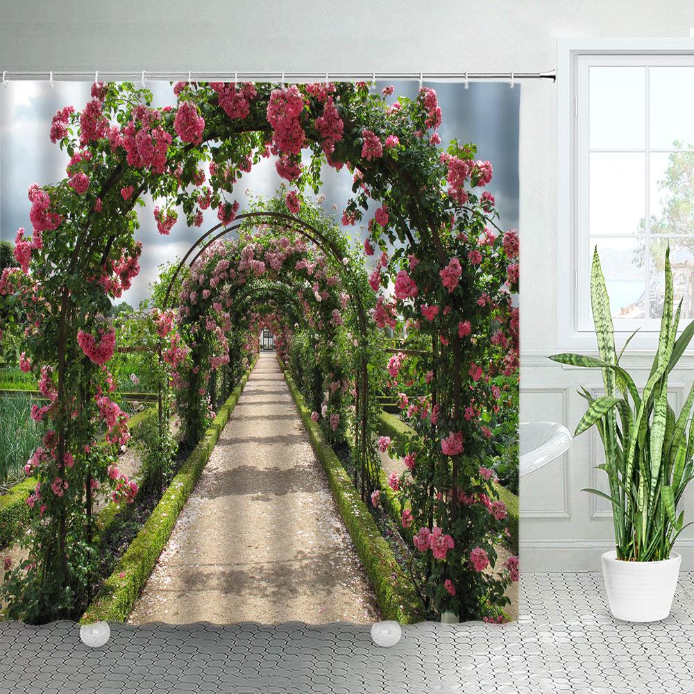 Spring Rural Landscape Shower Curtains Set Pink Flowers Tree Forest Natural Floral Green Plant Scenery With Hooks Bathroom Decor