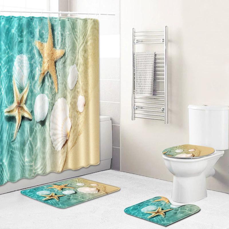 18 Colors 4Piece Marine Style Dolphin Waterproof Shower Curtain Set Anti-slip Mat Base Carpet Toilet Cover Pad Bathroom Kit